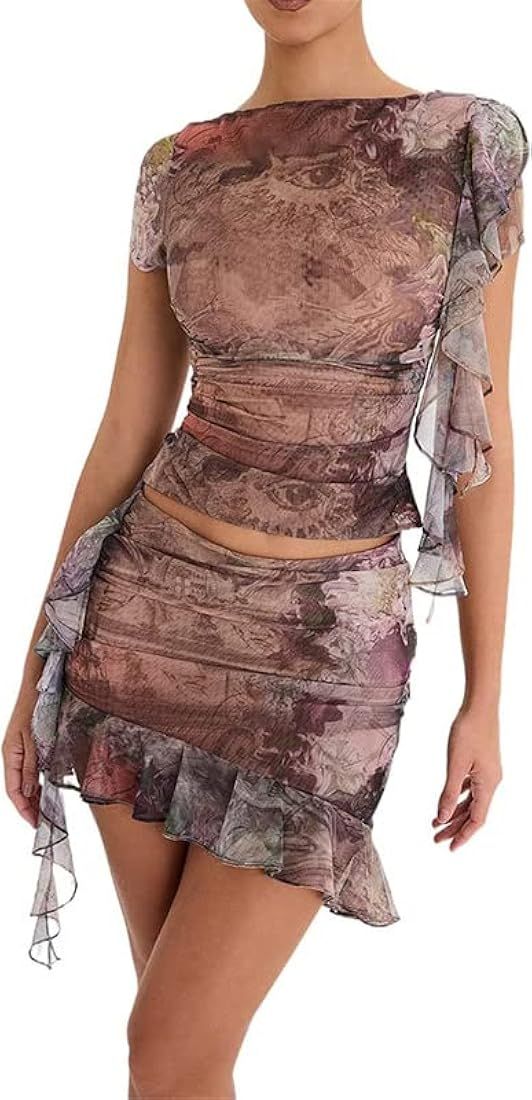 Women Y2k Ruffle 2 Piece Skirt Sets 3D Floral Sheer Mesh Crop Top Bodycon Mini Skirt Fringed Tass... | Amazon (US)
