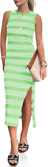 Wenrine Womens Summer Sundress Bodycon Midi Dress Sleeveless Casual Knit Striped Hollow Out Slit ... | Amazon (US)
