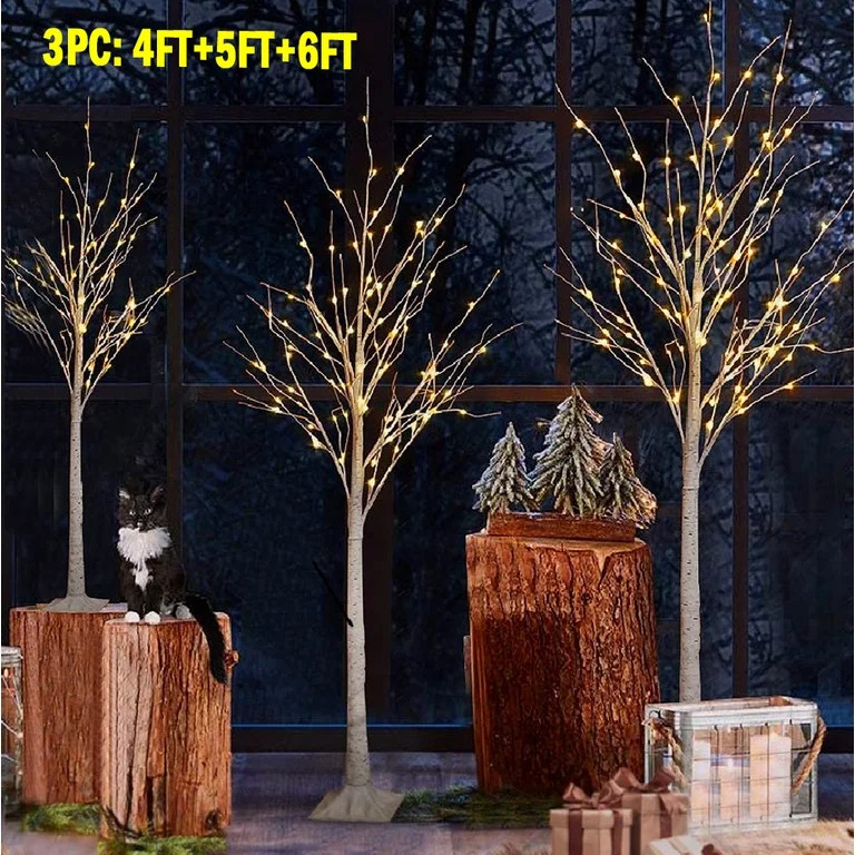 Prelit Birch Tree with Lights, 3 Pieces White Christmas Tree with LED Lights, Artificial Christma... | Walmart (US)
