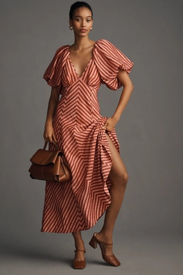 Lovaan Tess Puff-Sleeve Linen-SIlk Midi Dress | Anthropologie (US)