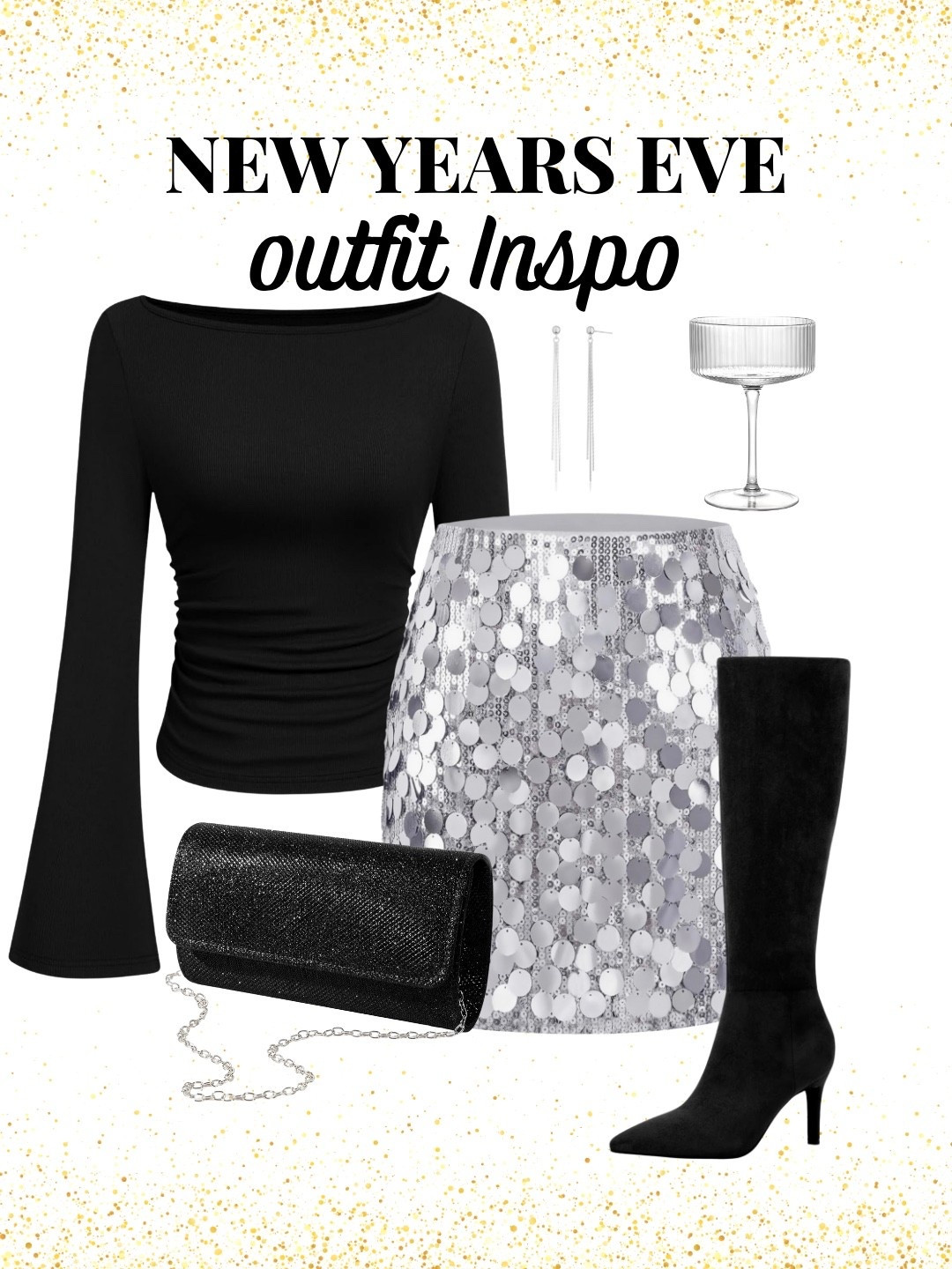 Black & silver for NYE 🖤✨
A sequin skirt, sleek black top, knee-high boots, and silver details — classic, elevated, and easy to re-wear all winter. 

#ootd #whatiwore
#outfitinspo #nyeoutfit
#sequinstyle #chicstyle
#eveninglook 

#LTKFindsUnder50 #LTKootd #LTKSaleAlert