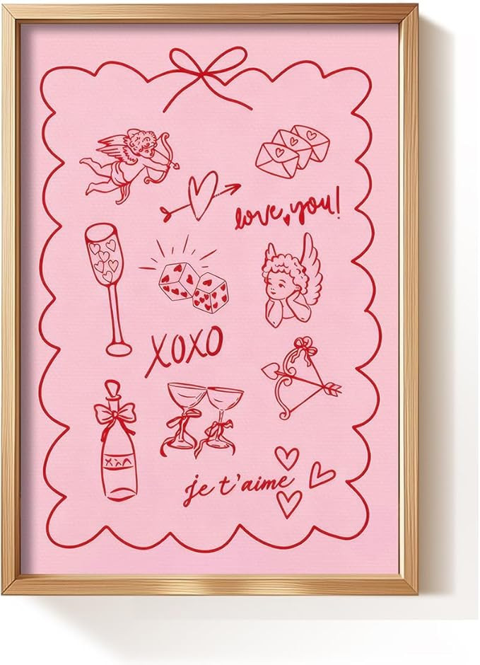 Valentines Day Canvas Wall Art, Romantic Red and Pink Love Poster, Trendy Coquette Heart and Cupi... | Amazon (US)