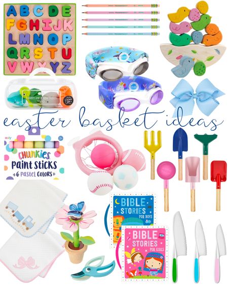 Easter basket ideas | bows | sports bath toys | goggles | pool toys | bible stories for boys and girls | kids knife set | flowerpot toy set | rocking toy play set | gardening tools | alphabet puzzle | paint sticks | pastel pencils | bow quilted blanket 

#LTKkids #LTKfamily #LTKSeasonal