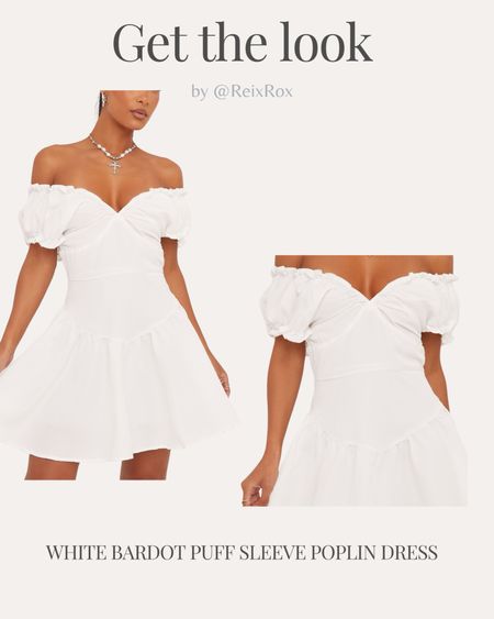 White dress. Bardot Puff sleeves,  poplin dress. Fitted waist and bust. 
Summer, pool party, holidays, vacation, beach look. Under £30.
Affordable fashion.  Wardrobe staple. Timeless. Gift guide idea for her. Luxury, elegant, clean aesthetic, chic look, feminine. 
EGO outfit idea. 


#LTKSeasonal #LTKfindsunder50 #LTKparties