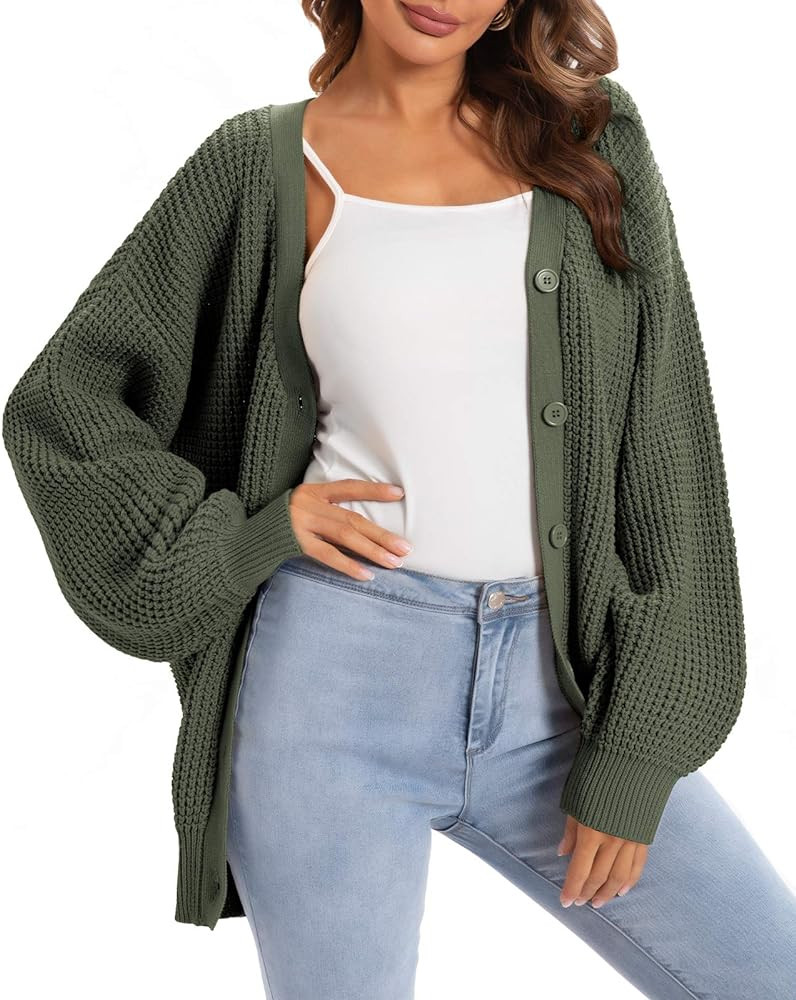 QUALFORT Women's Cardigan Sweater 100% Cotton Button-Down Long Sleeve Oversized Knit Cardigans | Amazon (US)