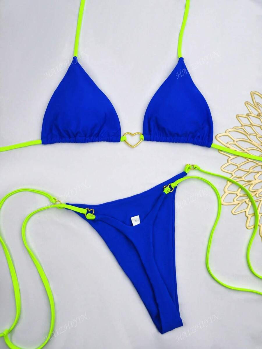 Women's Sexy Color Blocking Lace-Up Nylon Fabric Bikini Swimwear, For Beach Vacation Thermal Spri... | SHEIN