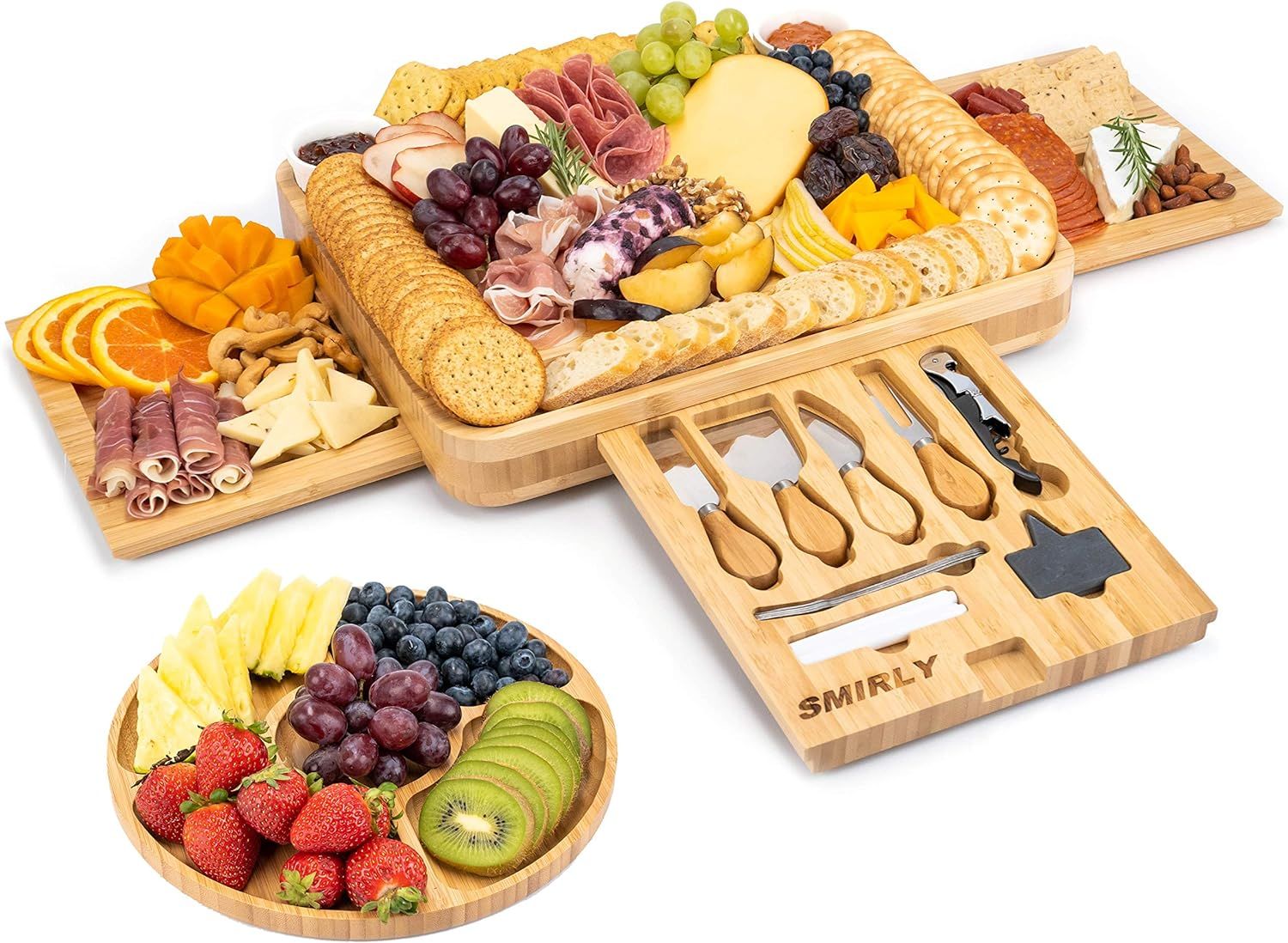 SMIRLY Bamboo Cheese Board and Knife Set: Large Charcuterie Board Set - Wine Meat Cheese Platter - U | Amazon (US)