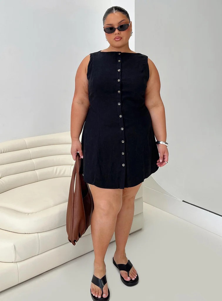 Dollie Linen Mini Dress Black Curve | Princess Polly US