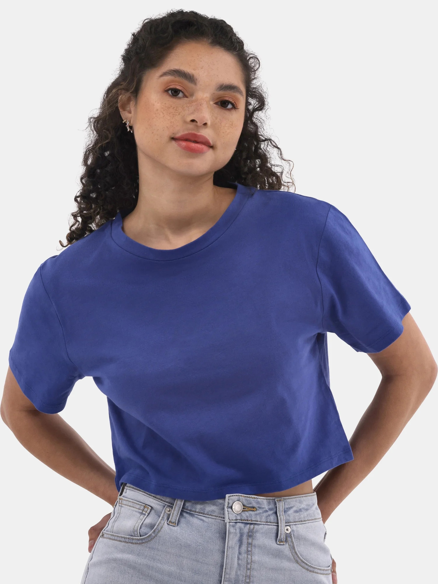 No Boundaries Cropped Boxy Cotton Tee with Short Sleeves, Women's | Walmart (US)