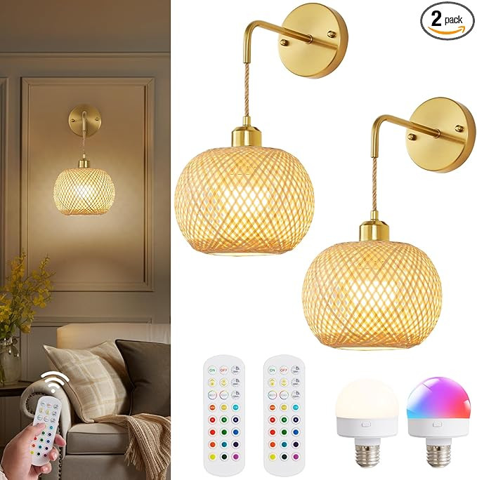 Gold Battery Operated Wall Sconces Set of 2 with Remote, Rechargeable Rattan Battery Powered Wall... | Amazon (US)