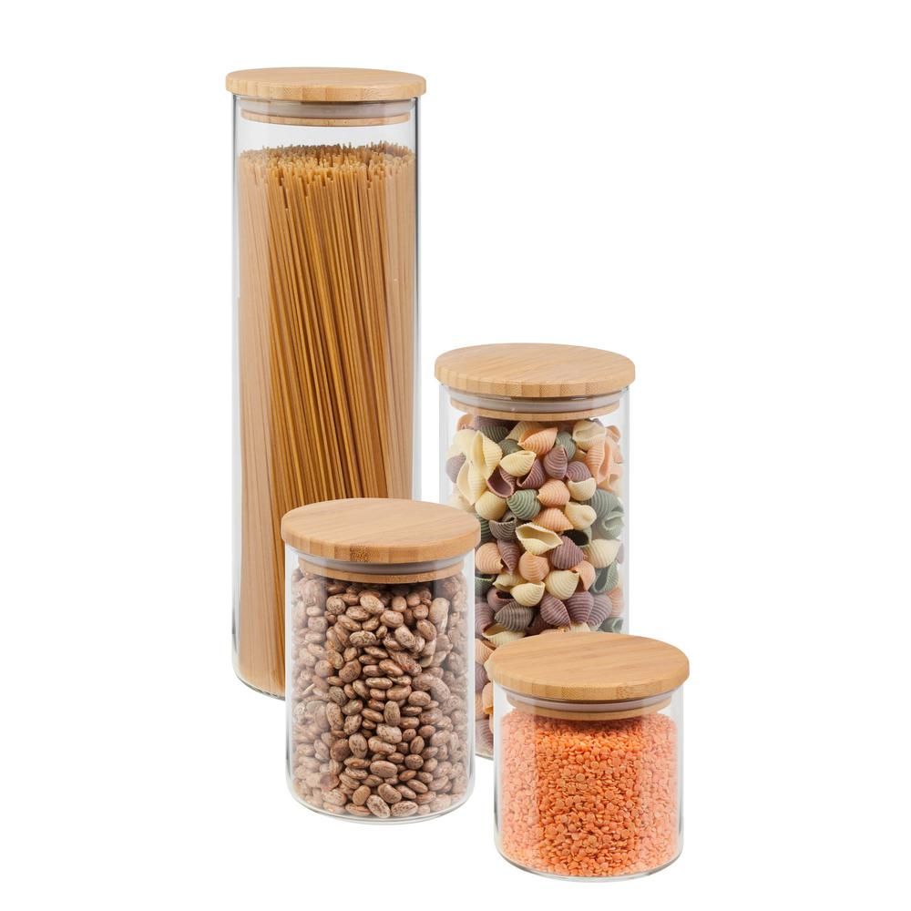 Honey-Can-Do 4-Piece 450ml, 700ml, 1000ml and 1650ml Glass Jar Storage Set with Bamboo with Lids, Cl | The Home Depot