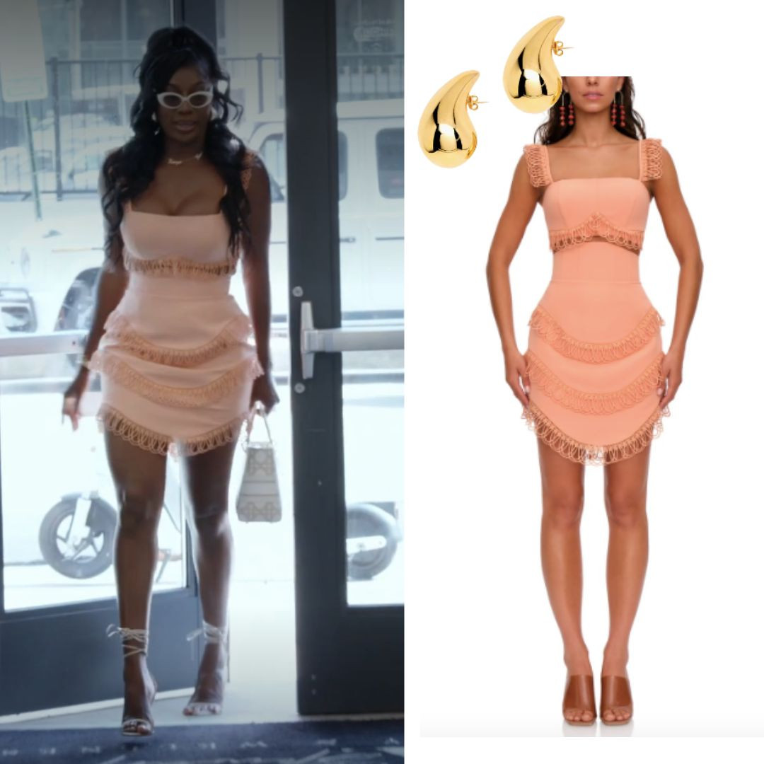 Wendy Osefo’s Peach Crop Top and Shirt Set and Gold Teardrop Earrings