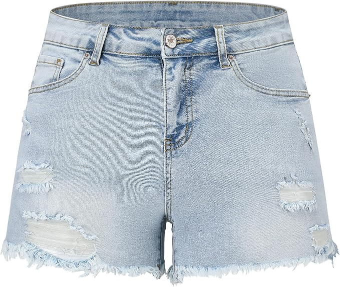 THUNDER STAR Women Mid Rise Ripped Stretchy Jeans Shorts Frayed Raw Hem Casual Denim Shorts | Amazon (US)