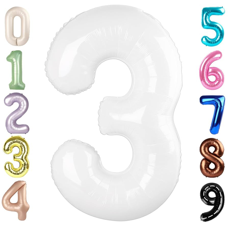 Numbers Balloon 3, 40 Inch Large White Balloon for Three Year Old Birthday Decor, 3 13 30 31 Birt... | Amazon (US)