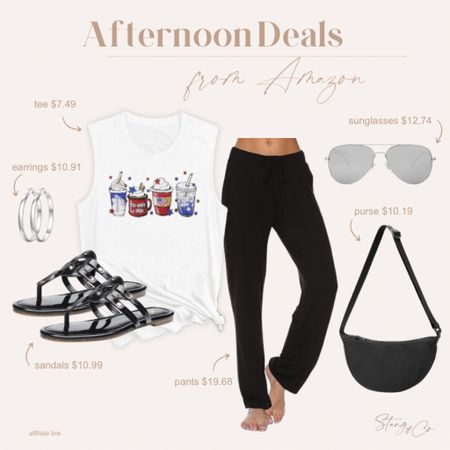 This casual, patriotic outfit is perfect for 4th of July and includes a red, white and blue graphic tee, casual black pants, a puffer handbag, aviator sunglasses, silver hoop earrings, and black slip on sandals. Everything pictured is on sale!

4th of July tee, patriotic outfit, summer outfit, loungewear, Amazon fashion, ootd

#LTKstyletip #LTKshoecrush #LTKfindsunder50