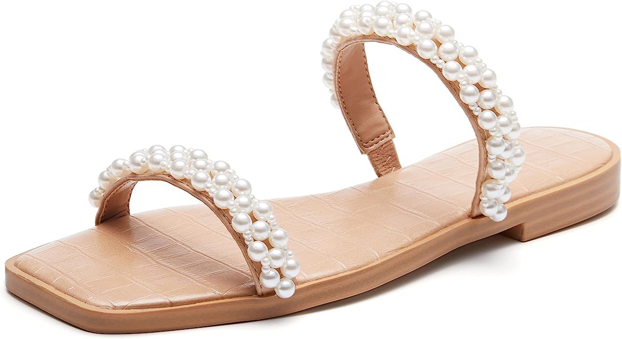 Coutgo Womens Flat Sandals Square Open Toe Pearl Two Strap Slip On Beach Slide Dressy Sandal | Amazon (US)