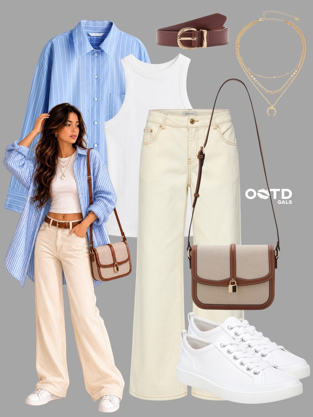 Blue stripes, creamy neutrals, and classic accessories create the perfect polished-casual outfit 🤍🩵

This look combines timeless wardrobe staples with an effortless silhouette. A relaxed striped button-down layered over a fitted white tank brings an easy, laid-back feel, while the cream wide-leg jeans keep the outfit looking clean and refined. Rich brown accents add warmth and balance to the soft color palette.

✨ Style Details:
• Oversized blue and white striped button-down shirt
• White ribbed tank top
• Cream wide-leg jeans
• Brown leather belt
• Canvas and leather crossbody bag
• Layered gold pendant necklace
• Crisp white low-top sneakers

The mix of soft blue, ivory, and warm brown tones makes this outfit versatile, fresh, and easy to wear throughout the season. Comfortable enough for everyday errands while still looking thoughtfully styled.

Perfect for coffee runs, casual office days, weekend shopping, travel days, campus wear, sightseeing, lunch dates, or everyday city outings.

#LTKfestival #LTKsummer #LTKeurope