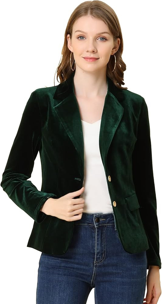Allegra K Women's Notched Lapel Vintage Office Button Front Velvet Blazer | Amazon (US)