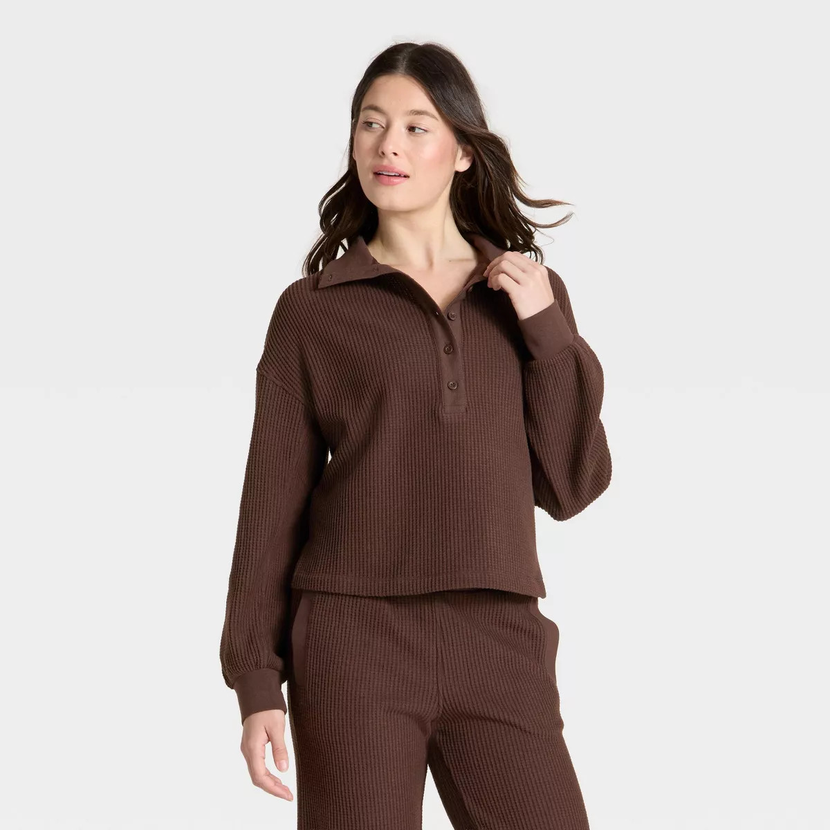 Women's Waffle Henley Sweatshirt - Auden™ Brown 2X | Target