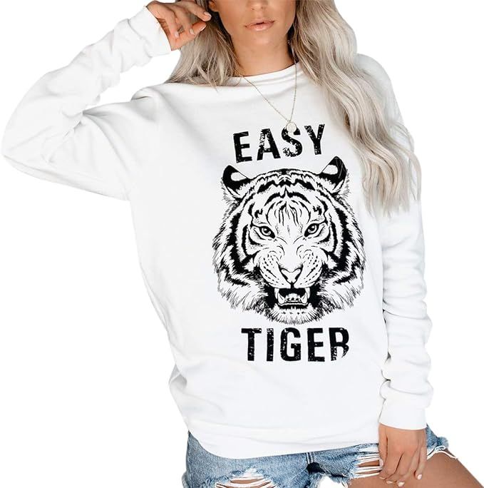 OMKAGI Women Long Sleeve Sweatshirts Tiger Print Round Neck Loose Fit Tops Shirt | Amazon (US)