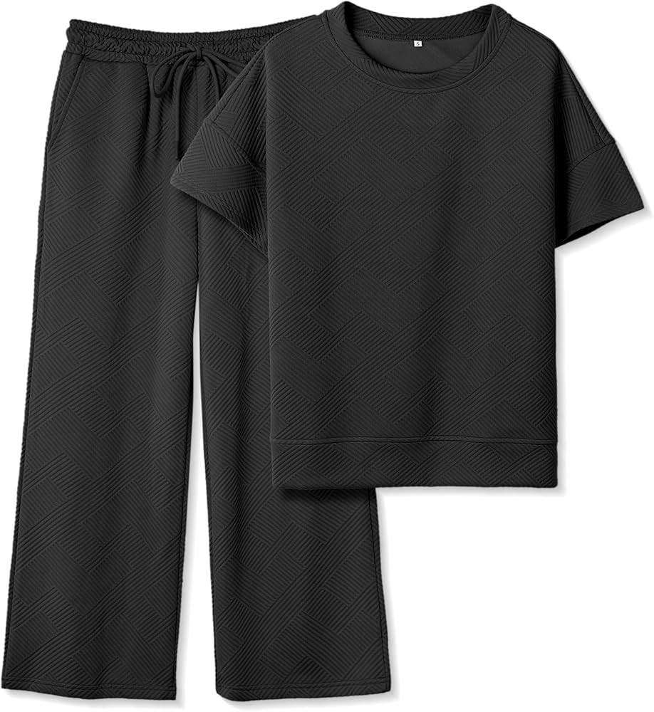 Women's 2 Piece Outfits Textured Sweatsuit 3/4 Batwing Sleeve Crew Neck Pullover Top Wide Leg Pan... | Amazon (US)