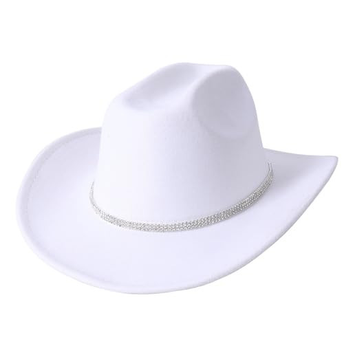 Women Rhinestone Western Cowboy Hat - Wide Brim Felt Fedora Bling Hats with Diamonds Band- Cowgirls Hat for Party White | Amazon (US)