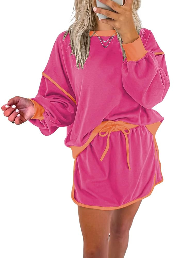 miduo Womens Color Block Casual Long Sleeve Sweatshirt and Drawstring Mini Skirt Matching Sets 2 ... | Amazon (US)