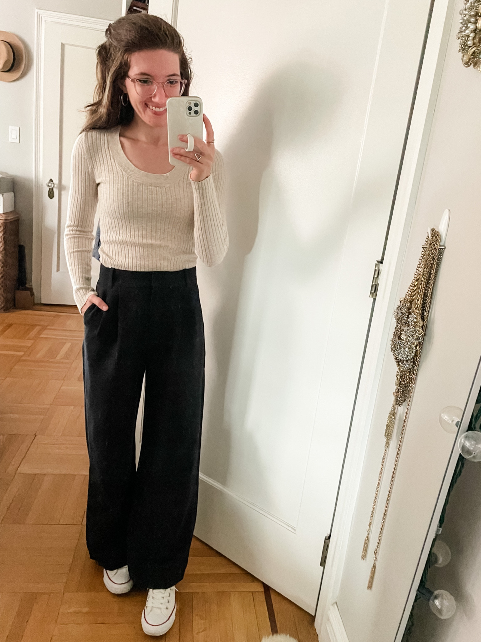 Sweater: TTS, if between go up
Wide leg trousers: I sized up 1, wearing short length
Sneakers: TTS

#LTKSeasonal #LTKworkwear #LTKfindsunder100