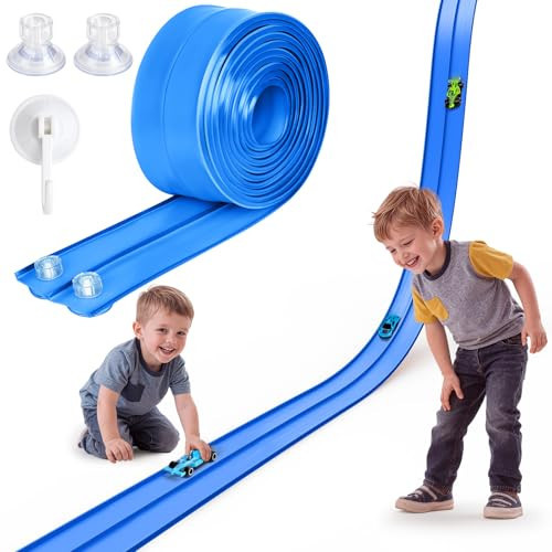 Flex Track 15 Ft Portable Flexible Race Car Track with Strong Suction Cups – Compatible with 1/64 Diecast Cars–Easy Storage, Indoor & Outdoor Play Flexible Car Tracks for Kids（Blue） | Amazon (US)