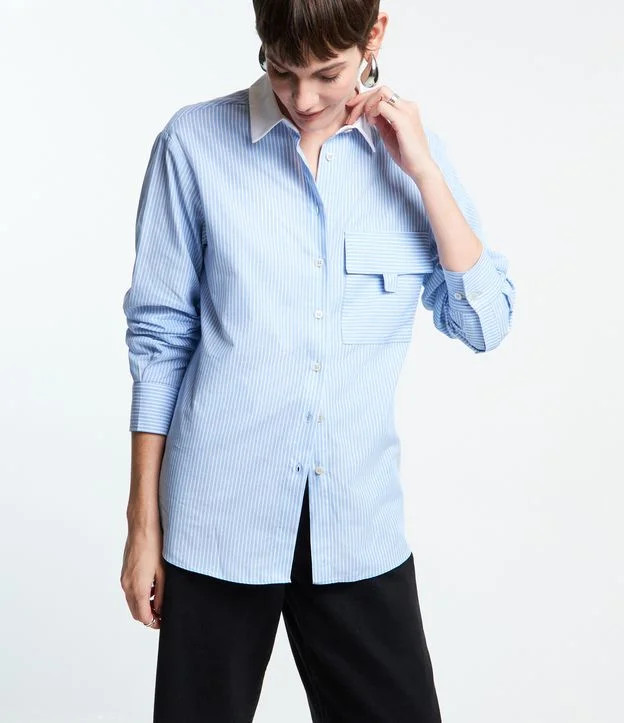 Camisa em Tricoline com Gola Contrastante e Estampa Listrada Azul/ Branco | Renner (BR)