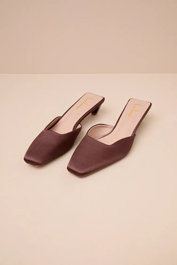 Auroette Chocolate Satin Kitten Heel Mule Pumps | Lulus