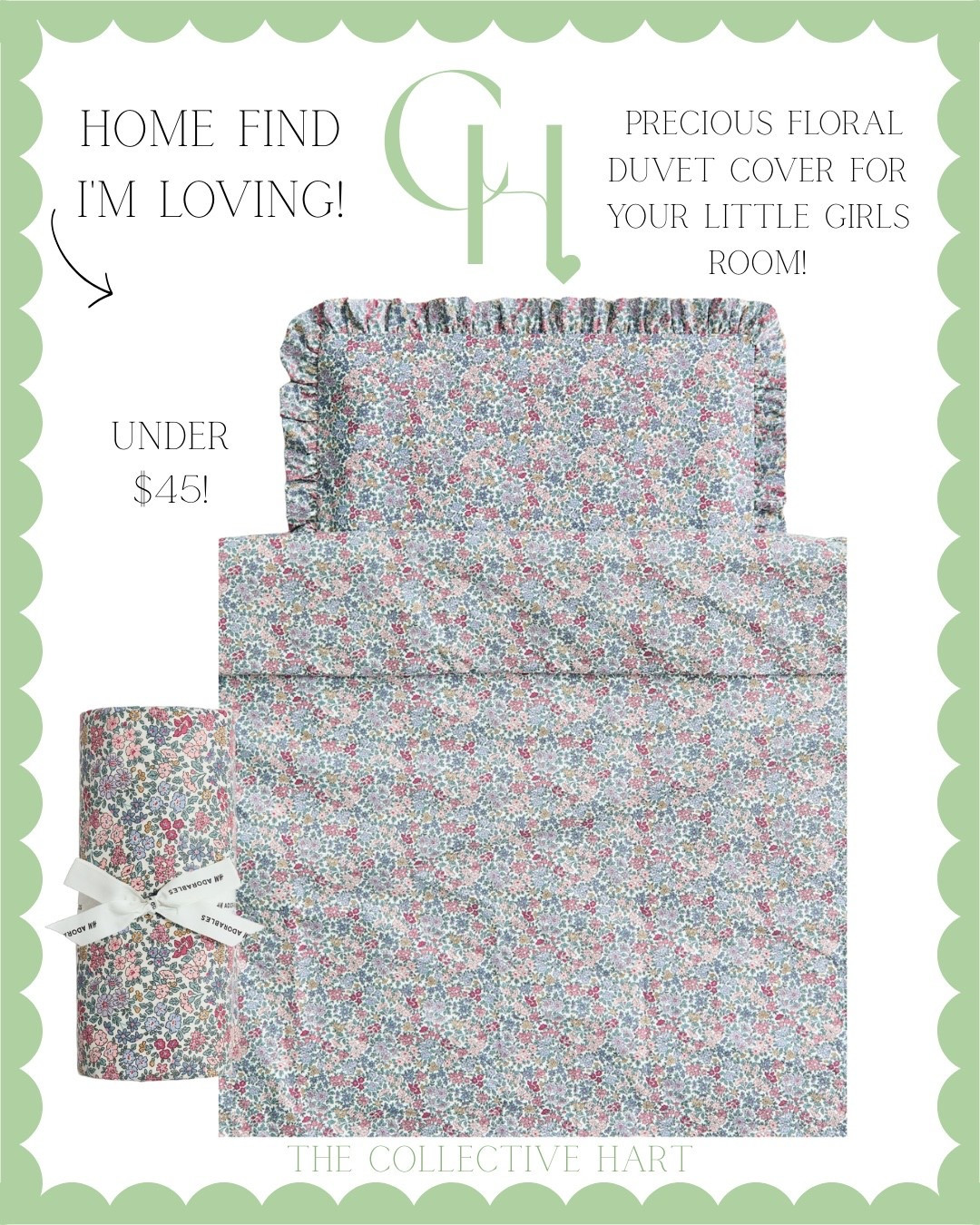 The sweetest floral duvet cover for under $45! Looks very much like a liberty floral in the most precious colors! Love the ruffle detail! 

Own & love duvet covers from here!