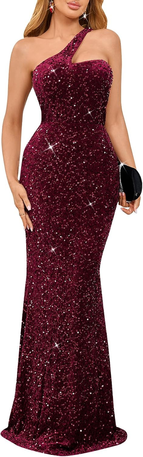 dasmzper Women's One Shoulder Sequin Evening Gown – Formal Maxi Dress for Wedding Guest, Prom, Cocktail | Amazon (US)