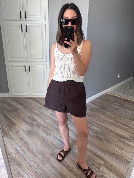 Love these linen shorts. I have these in several colors from the last few years. Super comfy, elastic waist, pockets. Love the dark brown color. Top runs small and cropped. Wearing the xs but could wear the s small. Sandals run tts  

#LTKShoeCrush