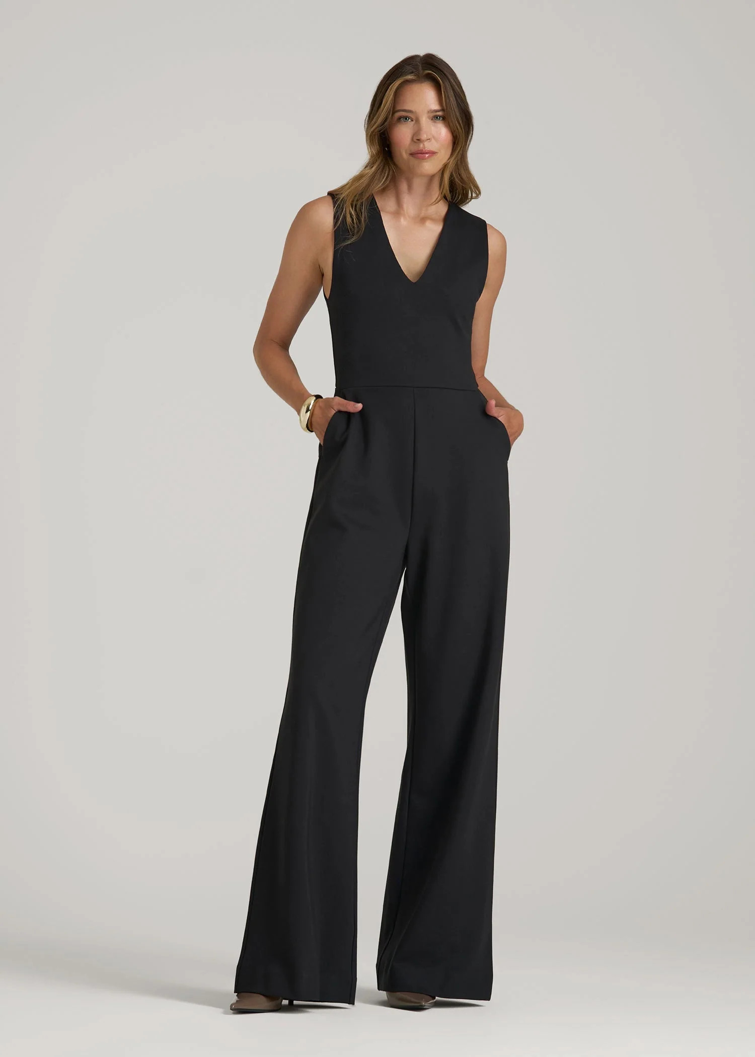 Flex Ponte Wide-Leg V-Neck Jumpsuit for Tall Women in Black | American Tall