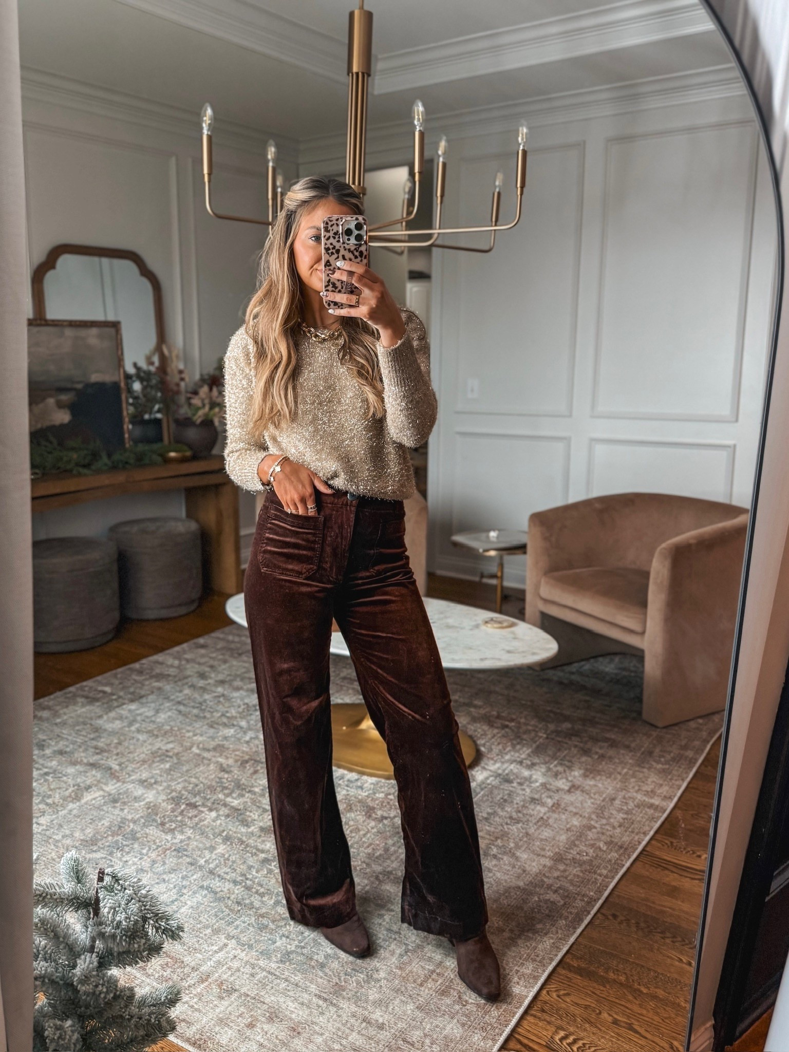 Love this gold sweater and brown velvet Colette pants for a holiday outfit idea! I’m wearing 27 tall in the pants.

#LTKCyberWeek #LTKHoliday #LTKSaleAlert

#LTKGiftGuide #LTKSeasonal
