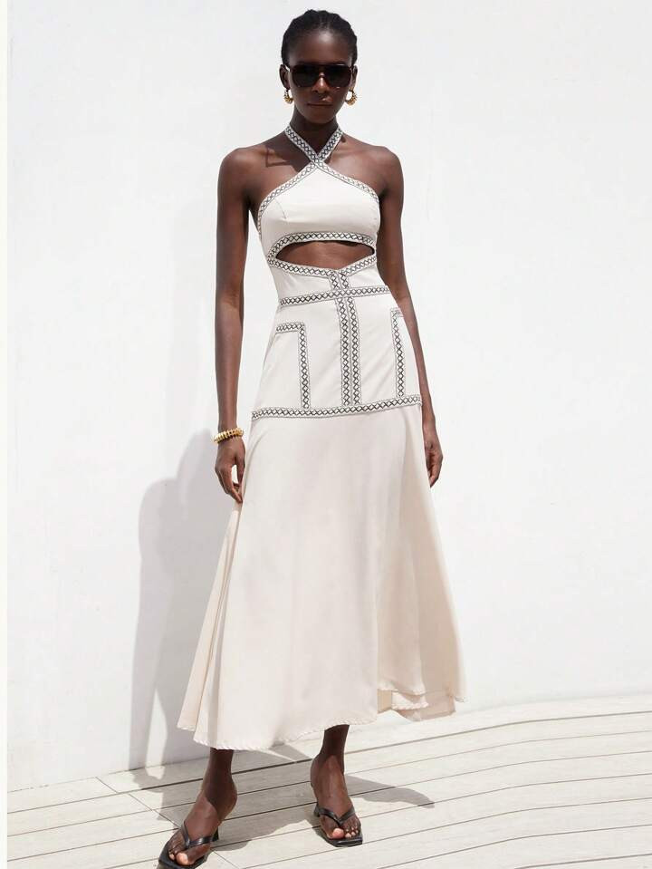 Aveloria Modichic Women's Spring/Summer New Webbing Splice Sleeveless Halter Dress | SHEIN