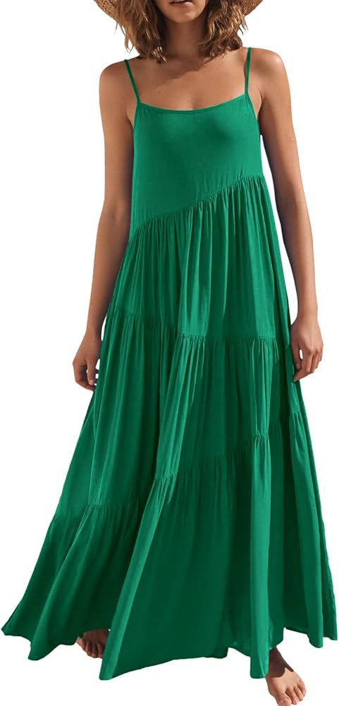 ANRABESS Women’s Summer Casual Loose Sleeveless Spaghetti Strap Asymmetric Tiered Beach Maxi Long Dr | Amazon (US)