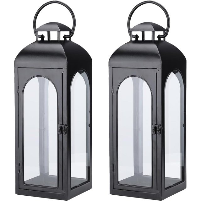 2 Pack  Large Luxury Lanterns Decorative  Black Metal Hurricane Lanterns With Clear Glass Panels ... | Walmart (US)