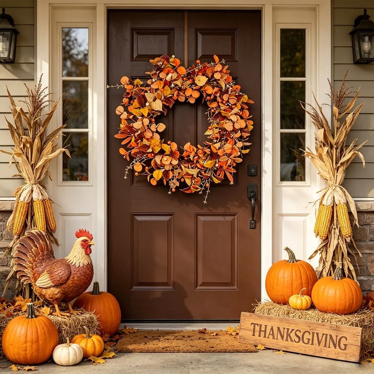 Front Door Fall Wreath Artificial Leaves Yellow Autumn Harvest Garland for Indoor Outdoor Party H... | Walmart (US)
