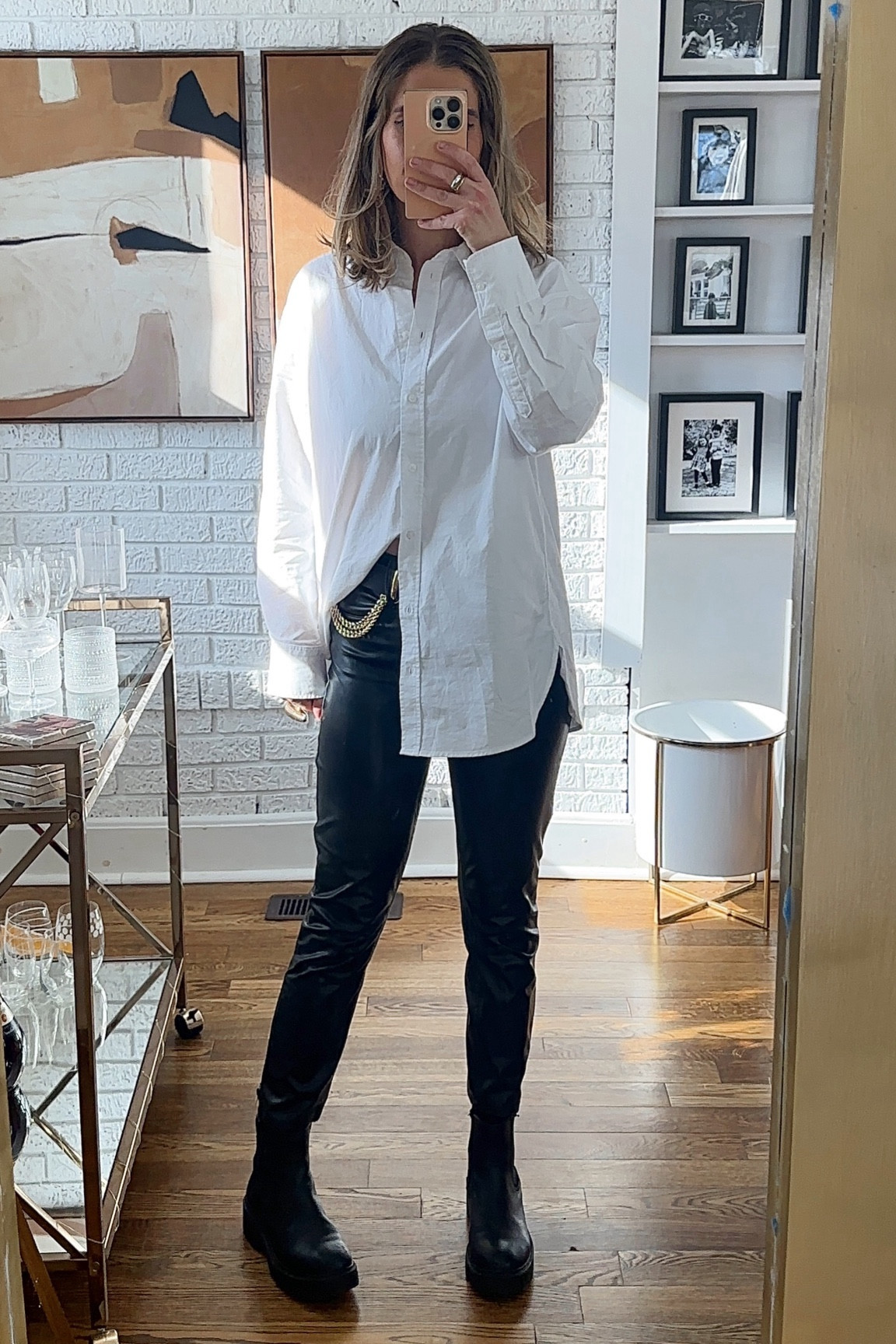 White button up with faux leather pants 

#LTKover40 #LTKsalealert #LTKMostLoved