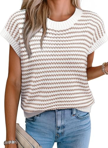 EVALESS Women's Sweater Vest Striped Pullover Tank Top Round Neck Cap Sleeve Lightweight 2025 Sum... | Amazon (US)