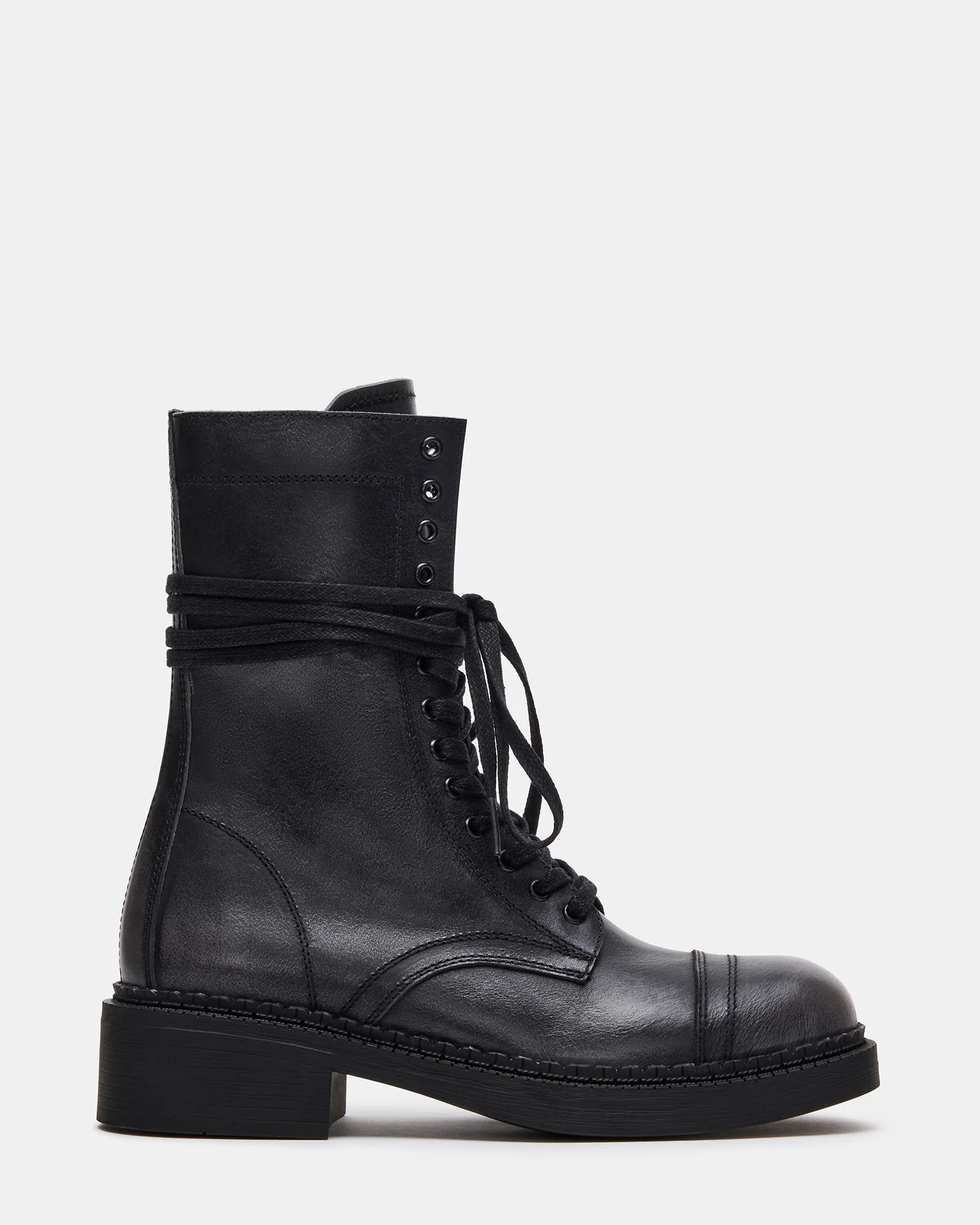 CRIMSON Black Distressed Moto Combat Women's Ankle Booties | Steve Madden (US)