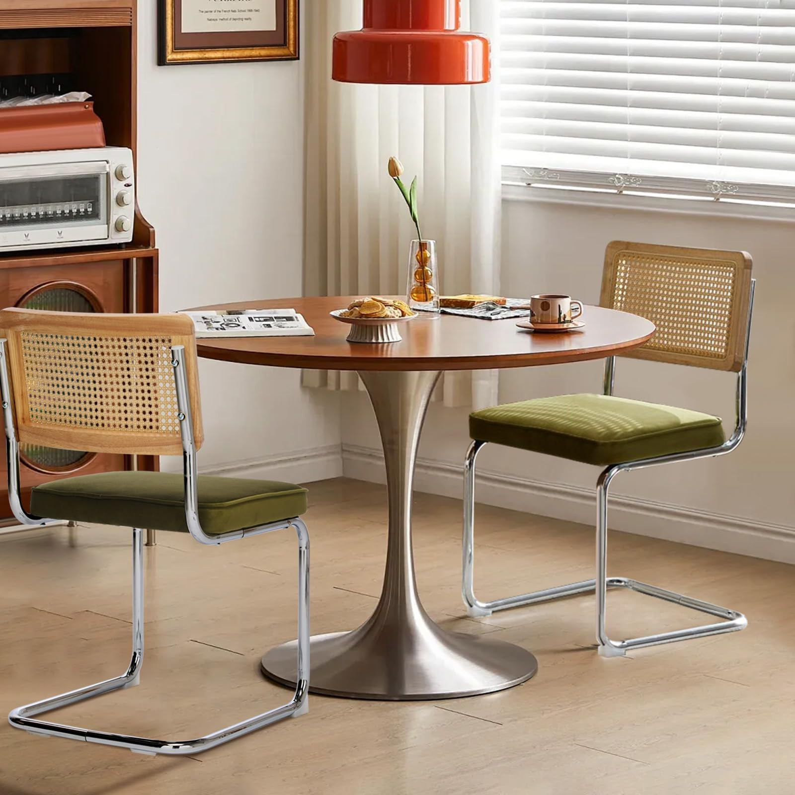 Rattan Back Velvet Dining Chair Set of 2 Modern Stainless Chrome Base Armless Upholstered Side Ch... | Amazon (US)