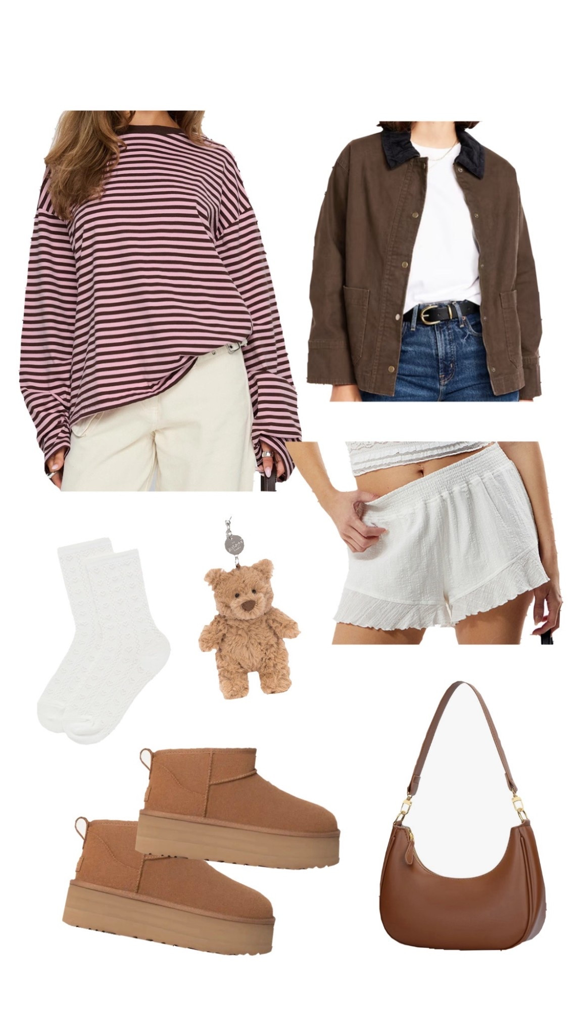 Cozy fall outfits, brown and pink outfit inspo, cute fall outfits, casual fall outfits, Uggs, jellycats, striped tops, brown canvas jacket, white ruffle shorts, outfits for class, fall outfit inspo women, women’s outfits, college girl outfits, comfy girl outfits, pacsun, 

#LTKSeasonal