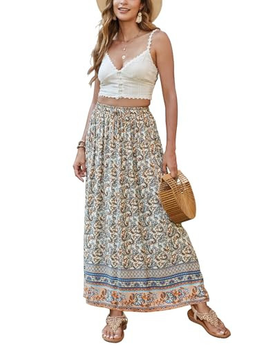 Bluetime Women Floral Print Long Skirt Boho Summer Pleated Elastic High Waisted Casual Maxi Skirt (L, Beige) | Amazon (US)