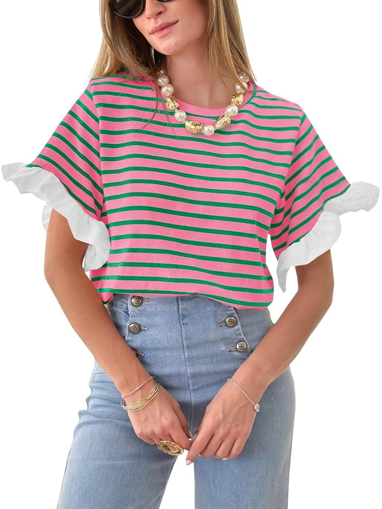 Tankaneo Women Striped Tops Ruffle Sleeve Casual Basic T Shirts Crewneck Short Sleeve Shirt Summe... | Amazon (US)