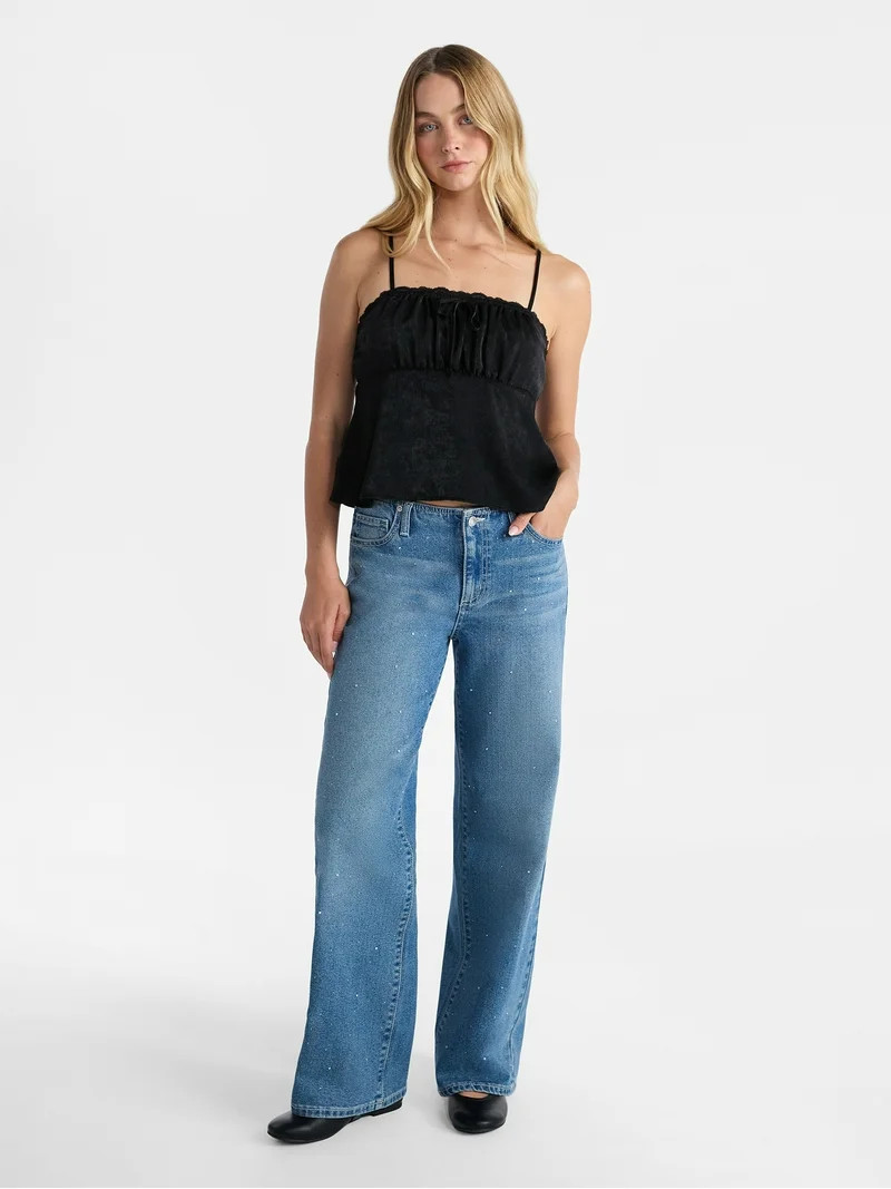 No Boundaries Satin Cami with Lace Trim and Tie, Women's | Walmart (US)