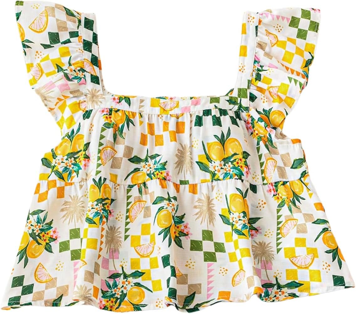 Floerns Women's Printed Square Neck Crop Tops Cap Sleeve Ruffle Hem Summer Blouse | Amazon (US)