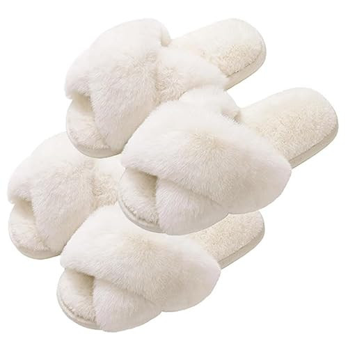 Evshine Women's Fuzzy Slippers Cross Band Memory Foam House Slippers Open Toe Indoor Outdoor Shoes-2Pairs, White, 42-43 (Size 10-11) | Amazon (CA)
